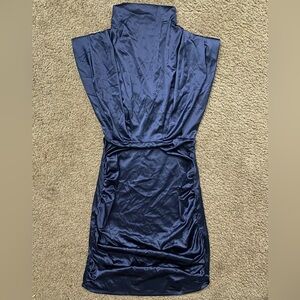 Lyaner XS Blue Satin Mock Neck Shoulder Padded Gathered Ruched Zip Up Dress